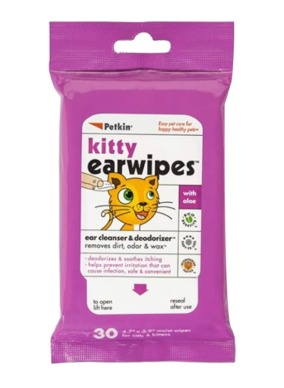 Petkin Kitty Ear Wipes with Aloe, 30 Wipes, Purple