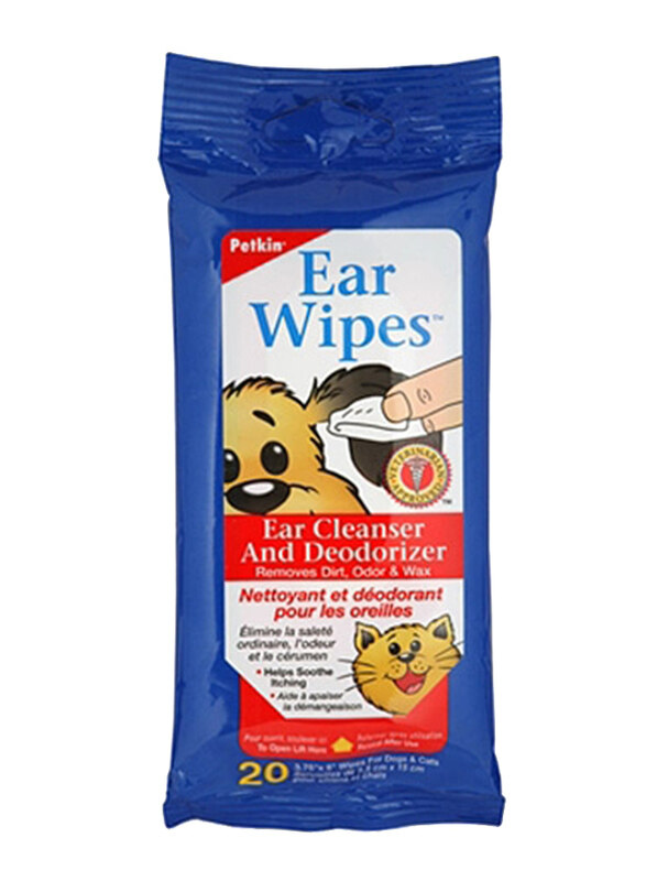 

Petkin Ear Cleansing & Deodorizing Wipes for Dogs & Cats, 20 Wipes, Blue