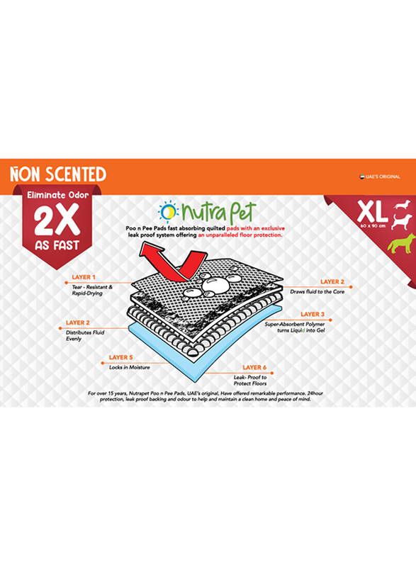Nutrapet Poo N Pee Pads XL Non-Scented Fast Absorption with Floor Mat Stickers, 50 Pieces, Orange