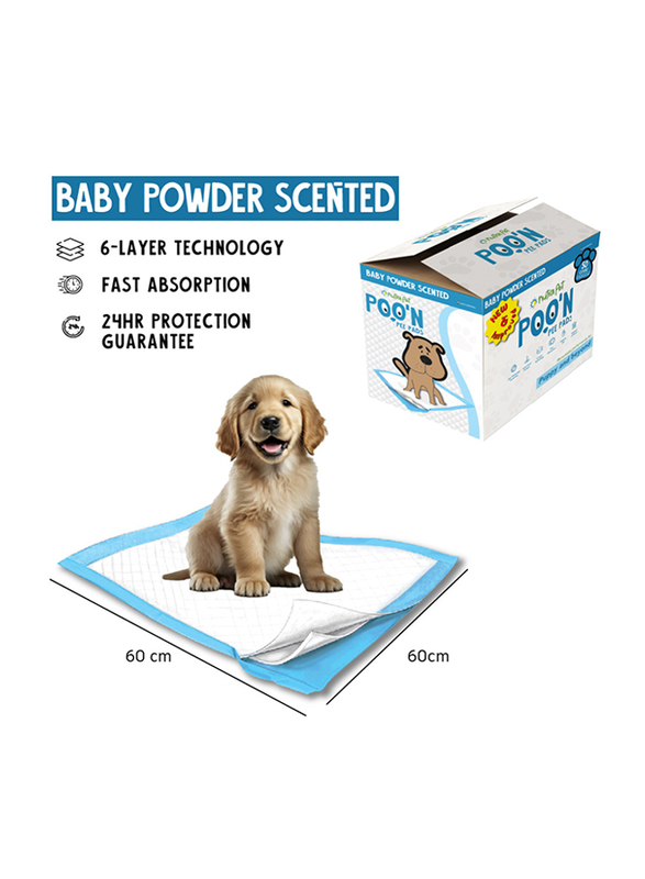 Nutrapet Poo N Pee Pads Baby Powder Scented Fast Absorption with Floor Mat Stickers, 50 Pieces, Blue