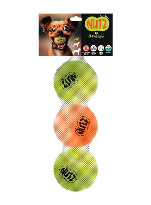 NutraPet Nutz Toys Tennis Balls, Small, 2 Non Squeaker & 1 Squeaker (3 Pieces), Multicolour