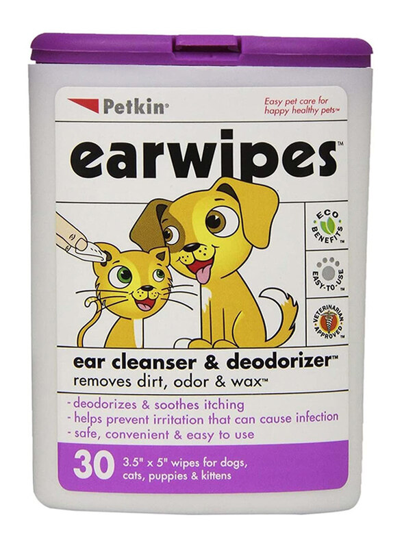 

Petkin Ear Cleansing & Deodorizing Wipes for Dogs & Cats, 30 Wipes, Purple