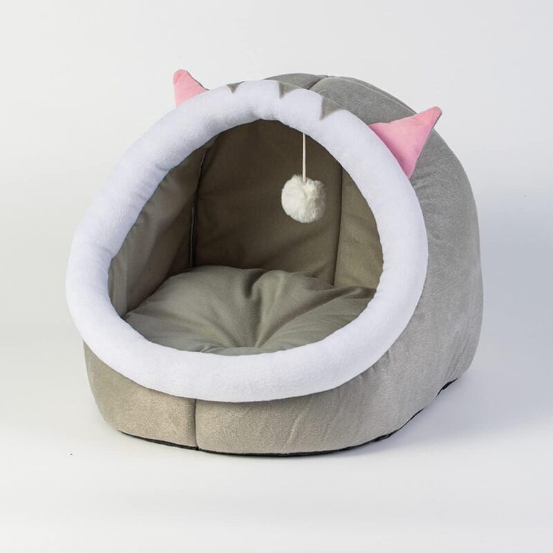 Grizzly Cat Cave Grey Plush + Cotton Grey Cat Bed - Large 45 x 45 x 40cm