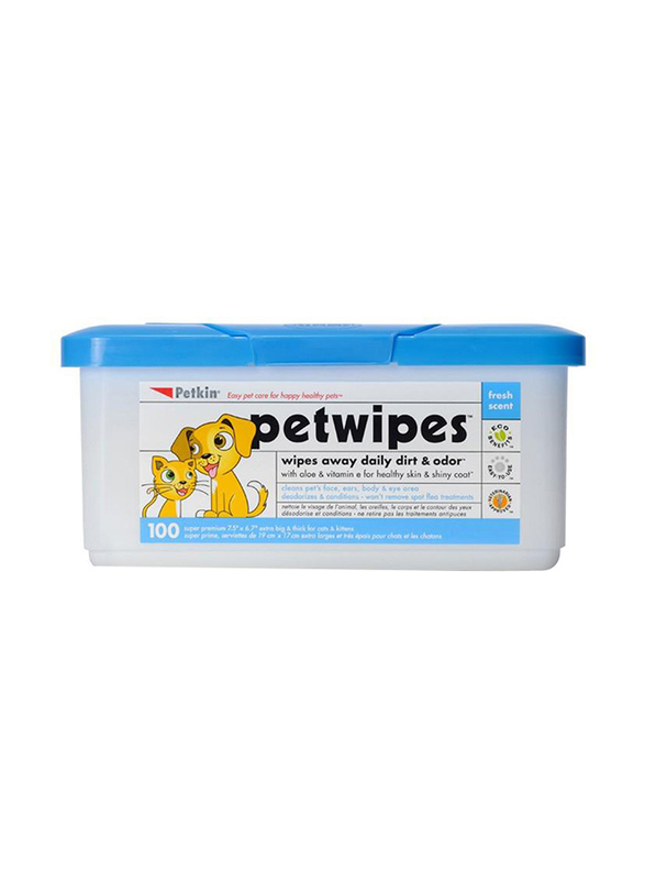Petkin Pet Wipes for Dogs & Cats, 100 Wipes, Blue