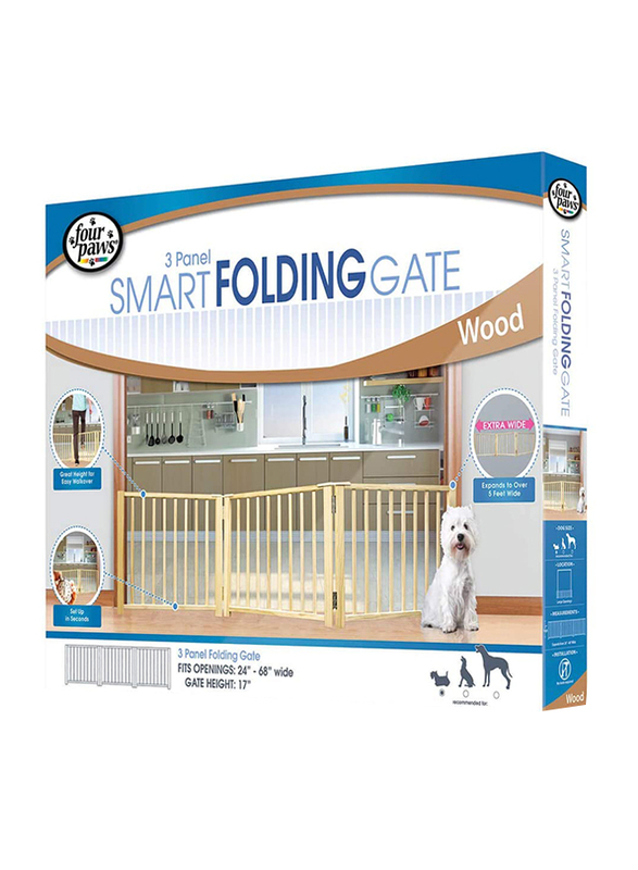 Four Paws Smart Folding Free Standing 3 Panel Wood Dog Gate, Brown