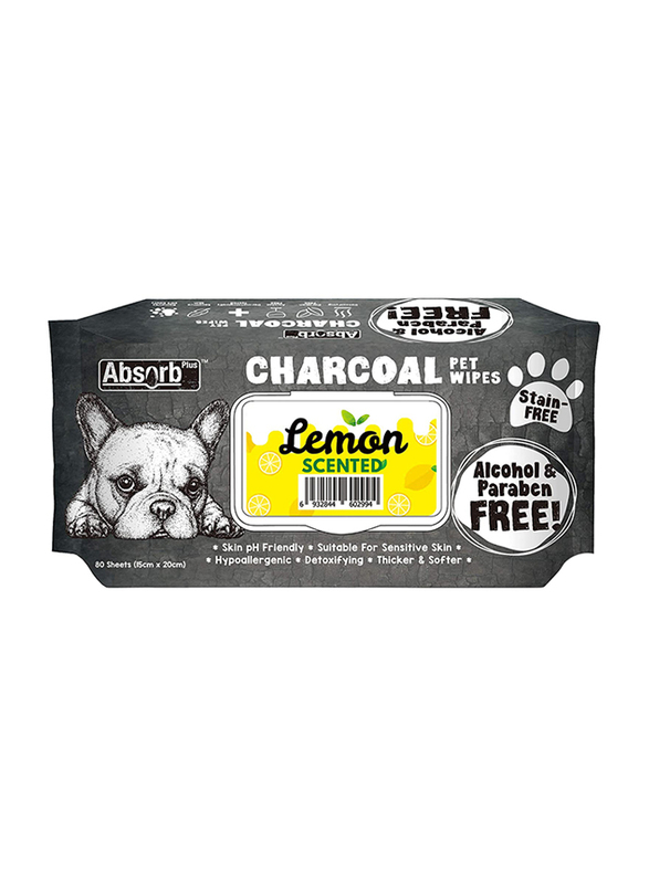 Absolute Pet Absorb Plus Charcoal Pet Wipes with Lemon Scent, 80 Sheets, White