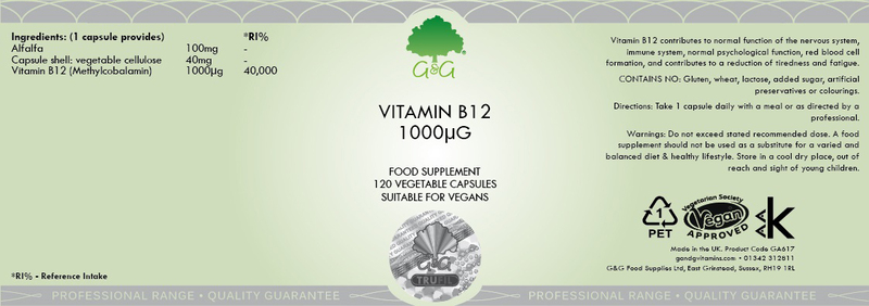 G&G Vitamin B12 1000ug (Methylcobalamin) Vegan Supplement, 120 Capsules