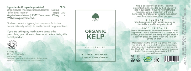 G&G Vitamins Organic Kelp Supplement 500mg Kelp Ascophyllum Iodine per Capsules 120 Vegan Capsules