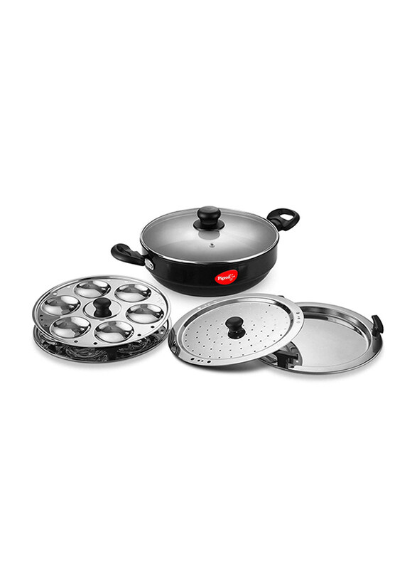 

Pegion Pigeon Anodised Multi Kadai with Idli & Dhokla Maker Set, 6-Pieces, PEG.02988, 46x41x20 cm, Black/Silver