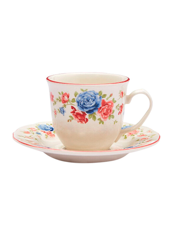 

Claytan 200ml 2-Pieces Set Cottage Roses Ceramic Cup and Saucer, Off White