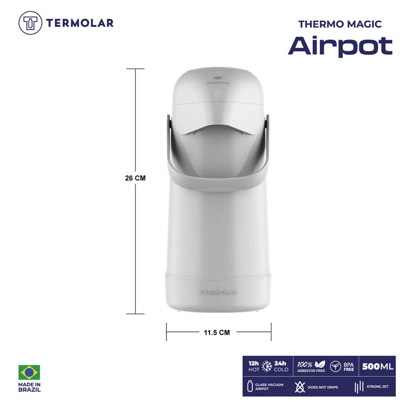 TERMOLAR  MAGIC PUMP GLASS VACCUM FLASK AIRPOT, Heavy Duty and High Quality, Easy to pour and easy to clean Spout, Thermal Insulation, For Indoor and Outdoor Use WHITE 500ML, TR57856