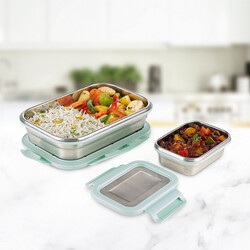 Borosil Stainless Steel Lunch Box, Set of 2, Leak-proof Lunch Boxes with Green Lids, Rectangular Lunch Containers for School & Office, 800 ml & 200 ml