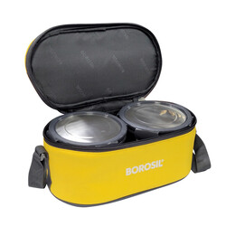 Borosil Sunshine Yellow Stainless Steel Lunch Box, Set of 4 Containers with Horizontal Lunch Bag, Leak-proof Lunch Box with Grey Lid, Round Lunch Container for School & Office, 400 ml x 2 + 250 ml x2