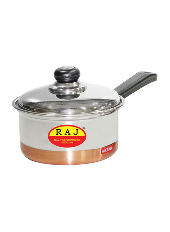 Raj 16.5cm Small Copper Bottom Sauce Pan with Lid, GCBSP1, 16.5x7.5 cm, Silver