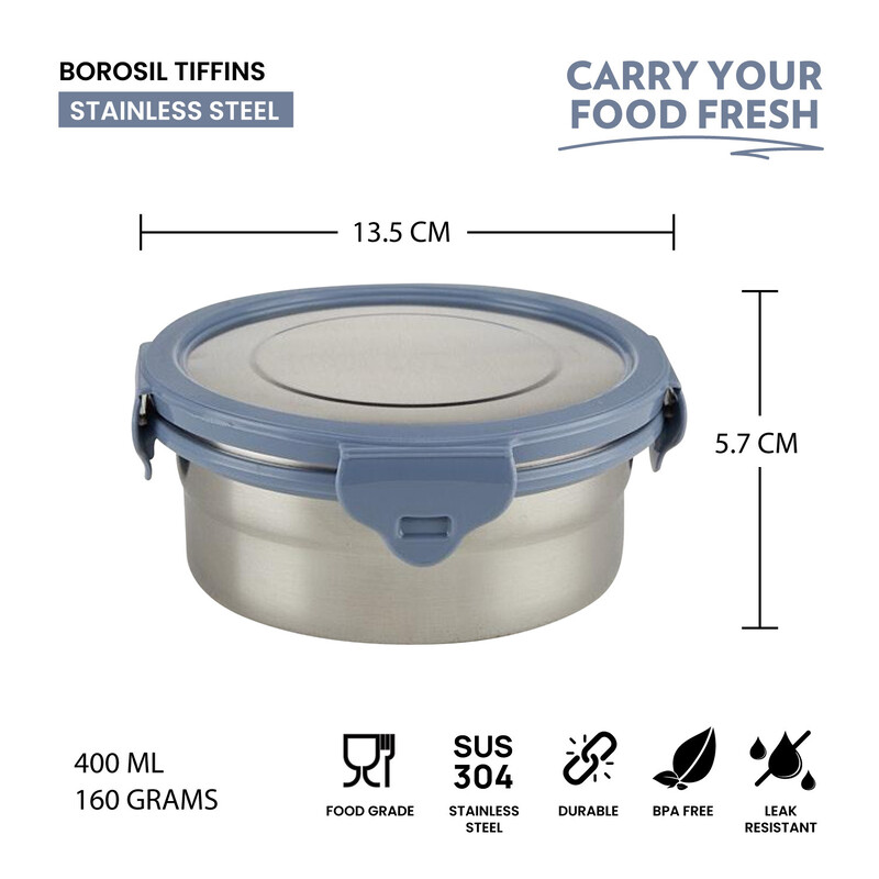 Borosil Stainless Steel Lunch Box,  Leak-proof Lunch Box with Grey Lid, Round Lunch Container for School & Office, 400 ml