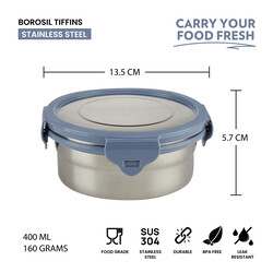 Borosil Stainless Steel Lunch Box,  Leak-proof Lunch Box with Grey Lid, Round Lunch Container for School & Office, 400 ml