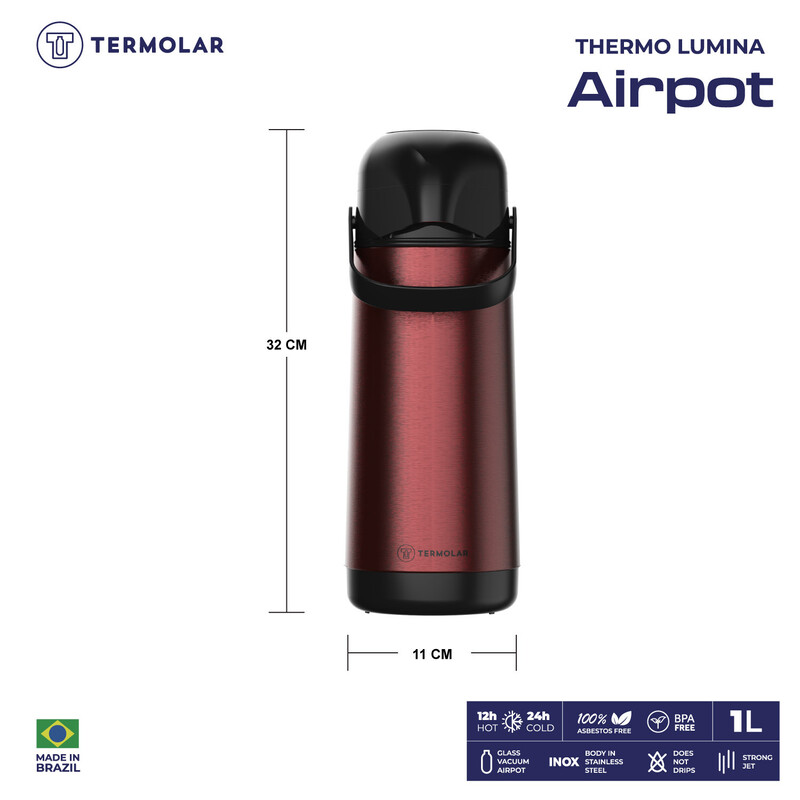TERMOLAR LUMINA PUMP GLASS VACCUM FLASK AIRPOT, Stainless Steel, Heavy Duty and High Quality, Easy to pour and easy to clean Spout, Thermal Insulation, For Indoor and Outdoor Use RED 1.0 LTR, TR57823