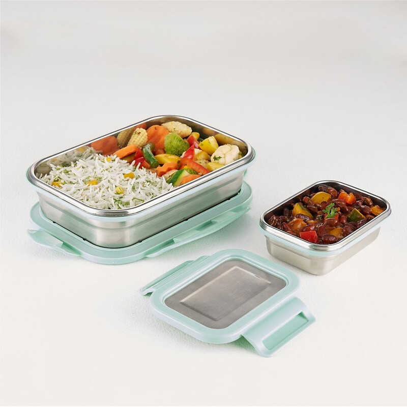 Borosil Stainless Steel Lunch Box, Set of 2, Leak-proof Lunch Boxes with Green Lids, Rectangular Lunch Containers for School & Office, 800 ml & 200 ml