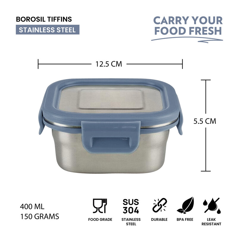 Borosil Stainless Steel Lunch Box, Leak-proof Lunch Box with Grey Lid, Square Lunch Container for School & Office, 400 ml