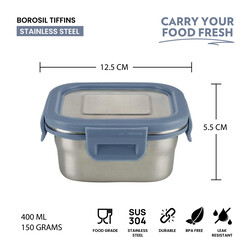 Borosil Stainless Steel Lunch Box, Leak-proof Lunch Box with Grey Lid, Square Lunch Container for School & Office, 400 ml