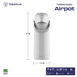 TERMOLAR  MAGIC PUMP GLASS VACCUM FLASK AIRPOT, Heavy Duty and High Quality , Easy to pour and easy to clean Spout , Thermal Insulation, For Indoor and Outdoor Use WHITE 1 LTR , TR57851