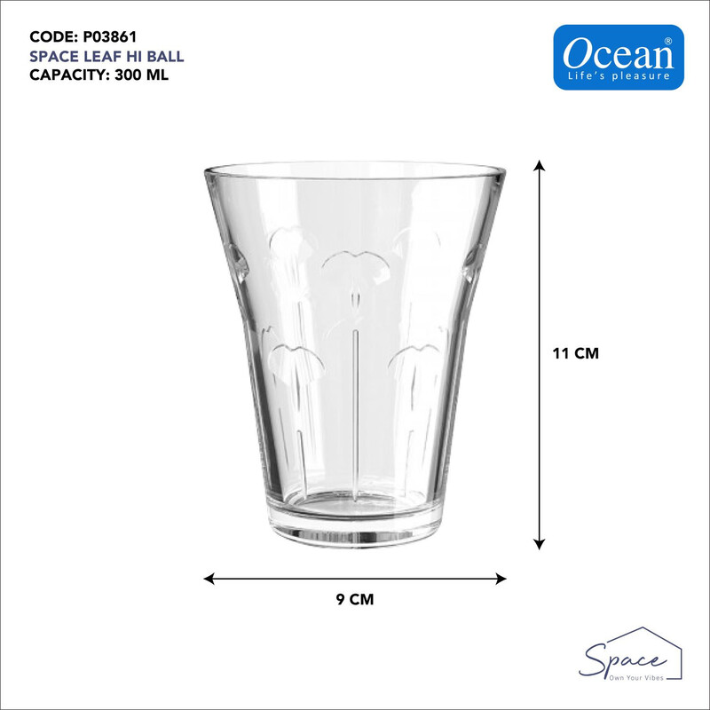 OCEAN SPACE LEAF HI BALL GLASS SET OF 6, HIGH BALL GLASS,  WATER JUICE COCKTAIL, 300ML