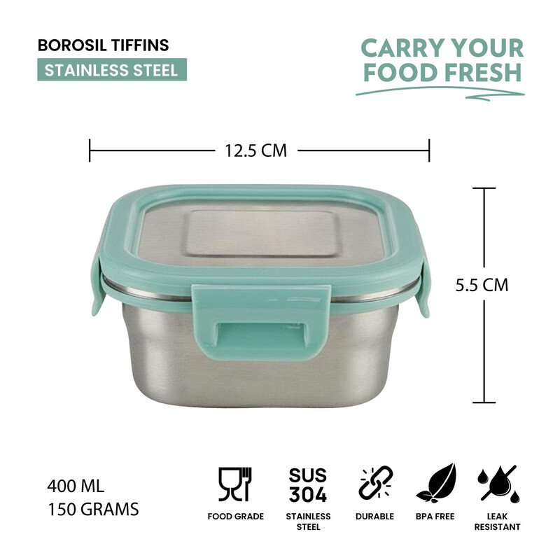 Borosil Stainless Steel Lunch Box, Leak-proof Lunch Box with Green Lid, Square Lunch Container for School & Office, 400 ml