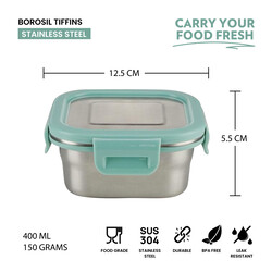 Borosil Stainless Steel Lunch Box, Leak-proof Lunch Box with Green Lid, Square Lunch Container for School & Office, 400 ml