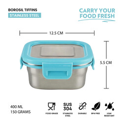 Borosil Stainless Steel Lunch Box, Leak-proof Lunch Box with Blue Lid, Square Lunch Container for School & Office, 400 ml