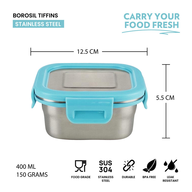 Borosil Stainless Steel Lunch Box, Leak-proof Lunch Box with Blue Lid, Square Lunch Container for School & Office, 400 ml