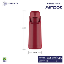 TERMOLAR  MAGIC PUMP GLASS VACCUM FLASK AIRPOT, Heavy Duty and High Quality, Easy to pour and easy to clean Spout, Thermal Insulation, For Indoor and Outdoor Use RED DASH 1.8 LTR, TR57850