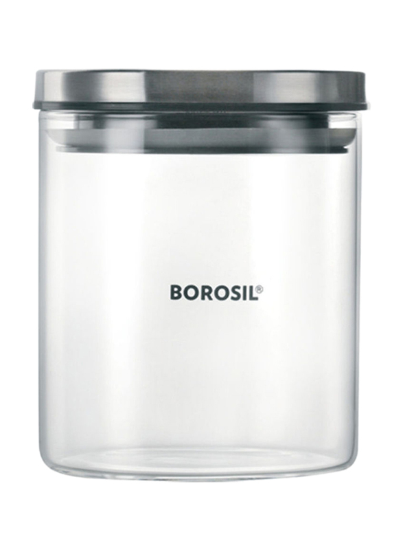 Borosil Glass Storage Jar with Lid, 600ml, Clear/Grey