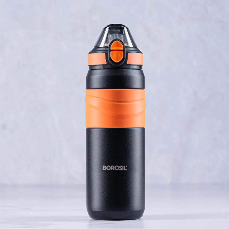 Borosil 560ml Vacuum Insulated Copper Coated Inner Adventure Sipper Water Bottle, B0560TI02, Black/Orange
