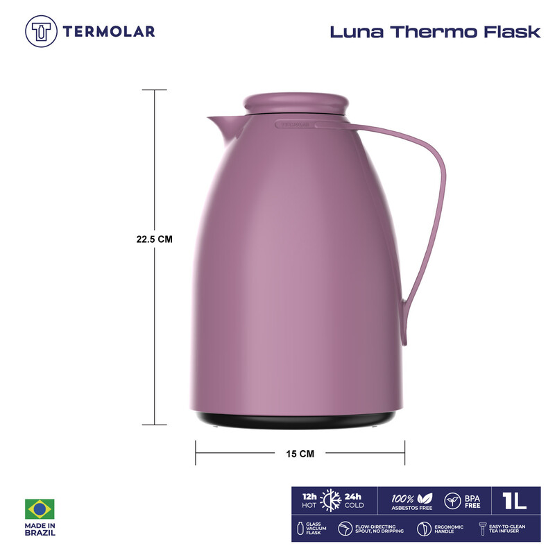 TERMOLAR LUNA GLASS VACCUM FLASK , Heavy Duty and High Quality , Easy to pour and easy to clean Spout , Thermal Insulation , For Everyday Use , For Indoor and Outdoor Use LILAC 1 LTR, TR57829