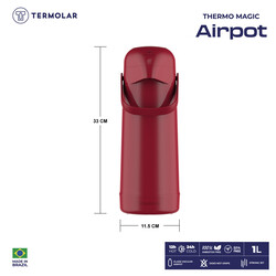 TERMOLAR  MAGIC PUMP GLASS VACCUM FLASK AIRPOT, Heavy Duty and High Quality, Easy to pour and easy to clean Spout, Thermal Insulation, For Indoor and Outdoor Use RED DASH 1 LTR, TR57855