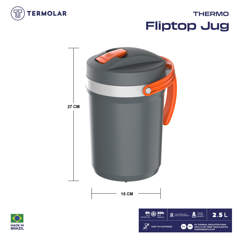 TERMOLAR THERMO FLIPTOP  JUG 2.5 LTR - GREY, PU THERMAL INSULATOR FOAM WITH A CFC FREE AND PLASTICS COMPONENTS IN PP, INDOOR AND OUTDOOR USE, Keeping your drinks cold, TR57826