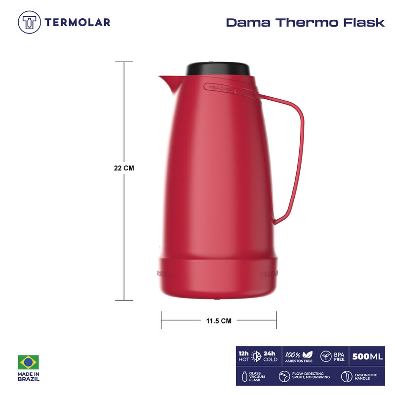 TERMOLAR DAMA GLASS VACCUM FLASK , Heavy Duty and High Quality , Easy to pour and easy to clean Spout , Thermal Insulation , For Everyday Use , For Indoor and Outdoor Use RED 500ML, TR57836
