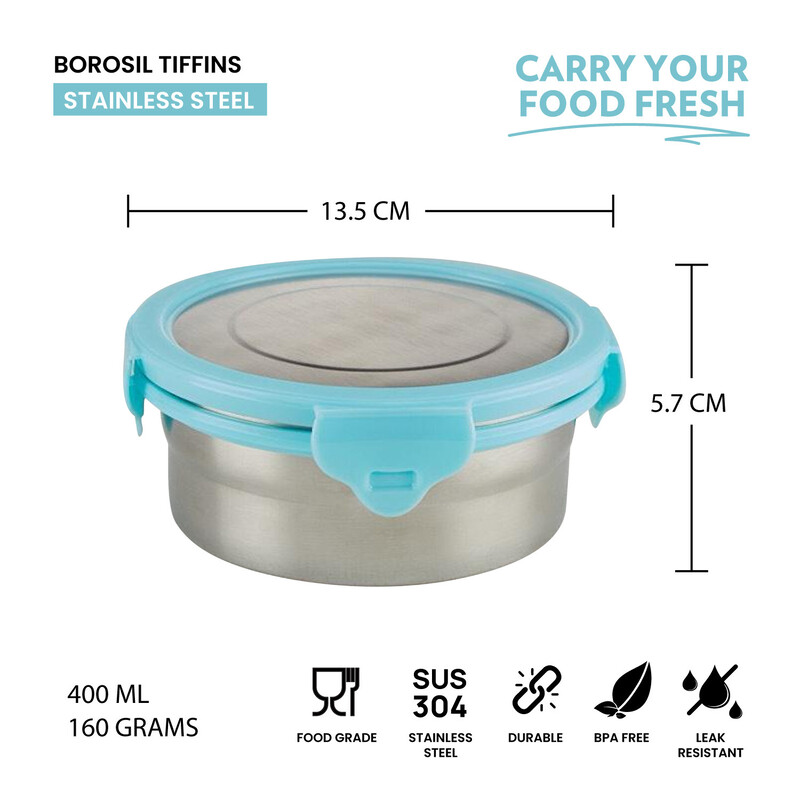 Borosil Stainless Steel Lunch Box,  Leak-proof Lunch Box with Blue Lid, Round Lunch Container for School & Office, 400 ml