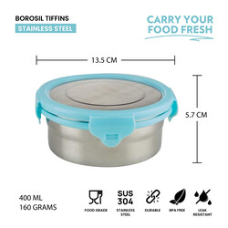 Borosil Stainless Steel Lunch Box,  Leak-proof Lunch Box with Blue Lid, Round Lunch Container for School & Office, 400 ml