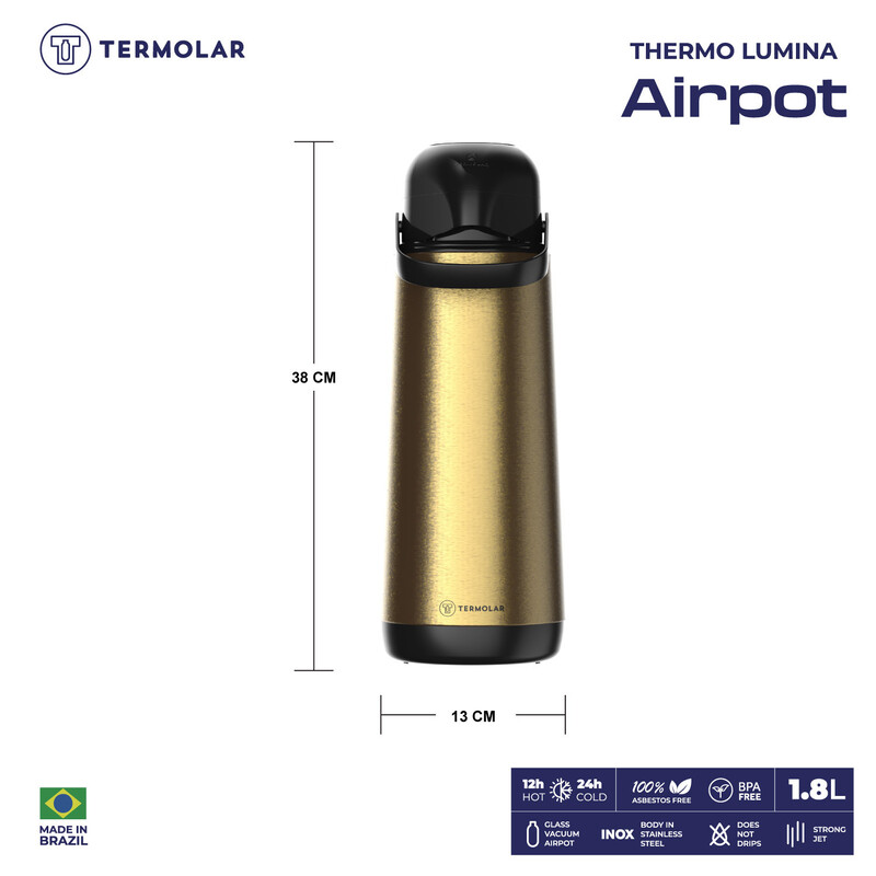 TERMOLAR LUMINA PUMP GLASS VACCUM FLASK AIRPOT,Stainless Steel,Heavy Duty and High Quality,Easy to pour and easy to clean Spout,Thermal Insulation,For Indoor and Outdoor Use GOLD 1.8 LTR, TR57821