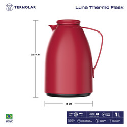 TERMOLAR LUNA GLASS VACCUM FLASK , Heavy Duty and High Quality , Easy to pour and easy to clean Spout , Thermal Insulation , For Everyday Use , For Indoor and Outdoor Use RED DASH 1 LTR, TR57828