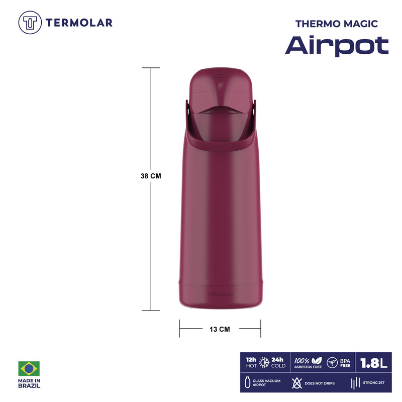 TERMOLAR MAGIC PUMP GLASS VACCUM FLASK AIRPOT, Heavy Duty and High Quality, Easy to pour and easy to clean Spout, Thermal Insulation, For Indoor and Outdoor Use MAROON 1.8 LTR, TR57849