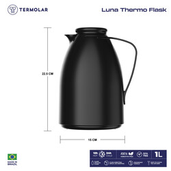TERMOLAR LUNA GLASS VACCUM FLASK , Heavy Duty and High Quality , Easy to pour and easy to clean Spout , Thermal Insulation , For Everyday Use , For Indoor and Outdoor Use BLACK 1 LTR, TR57827