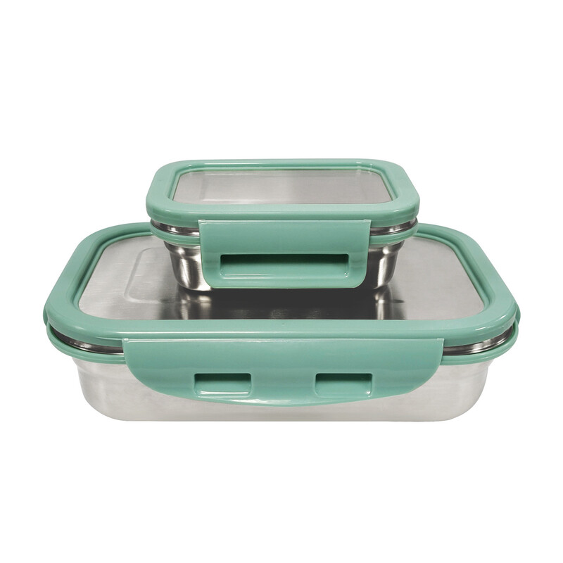 Borosil Stainless Steel Lunch Box, Set of 2, Leak-proof Lunch Boxes with Green Lids, Rectangular Lunch Containers for School & Office, 800 ml & 200 ml