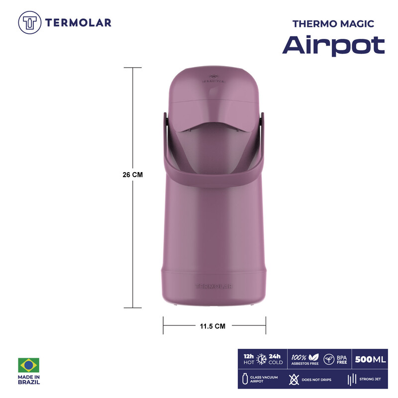 TERMOLAR  MAGIC PUMP GLASS VACCUM FLASK AIRPOT, Heavy Duty and High Quality, Easy to pour and easy to clean Spout, Thermal Insulation, For Indoor and Outdoor Use LILAC 500ML, TR57858
