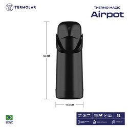 TERMOLAR  MAGIC PUMP GLASS VACCUM FLASK AIRPOT, Heavy Duty and High Quality , Easy to pour and easy to clean Spout , Thermal Insulation, For Indoor and Outdoor Use BLACK 1 LTR , TR57852
