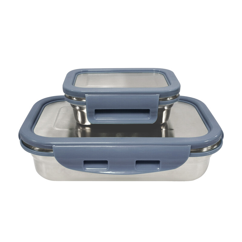 Borosil Stainless Steel Lunch Box, Set of 2, Leak-proof Lunch Boxes with Grey Lids, Rectangular Lunch Containers for School & Office, 800 ml & 200 ml