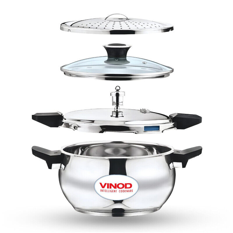 

Vinod Magic Stainless Steel Smart 3 in 1 Pressure Cooker, 3.5 Litre 5mm Thick Base Includes Strainer and Glass Lid Suitable for Induction and Gas C