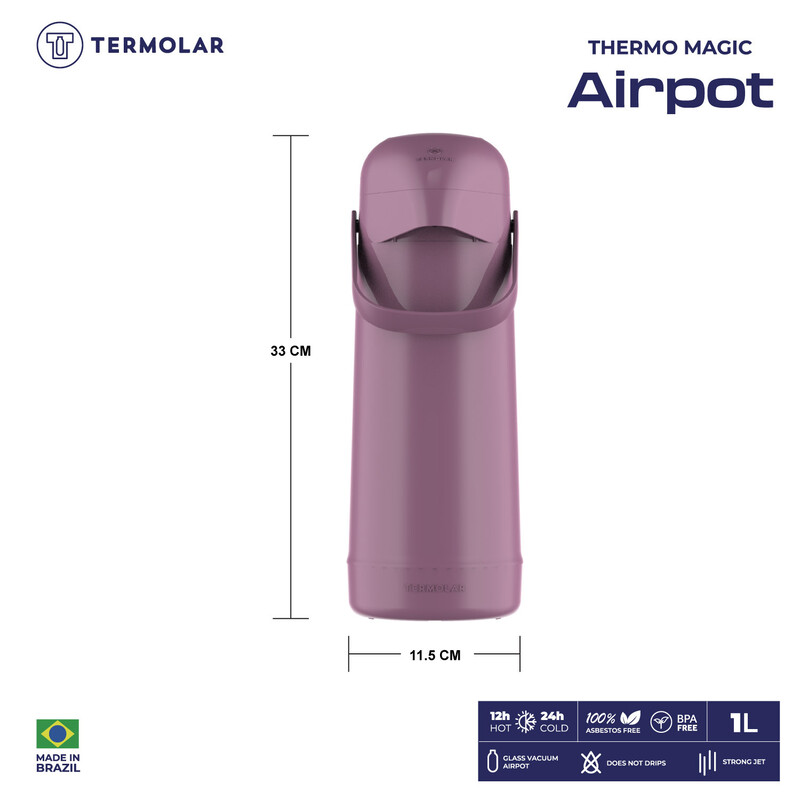TERMOLAR  MAGIC PUMP GLASS VACCUM FLASK AIRPOT, Heavy Duty and High Quality, Easy to pour and easy to clean Spout, Thermal Insulation, For Indoor and Outdoor Use LILAC 1 LTR, TR57854