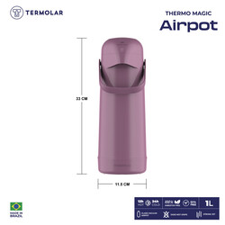 TERMOLAR  MAGIC PUMP GLASS VACCUM FLASK AIRPOT, Heavy Duty and High Quality, Easy to pour and easy to clean Spout, Thermal Insulation, For Indoor and Outdoor Use LILAC 1 LTR, TR57854